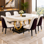 Strata Furniture Dining Table with Nano Composite Marble Top & PVC Golden Wooden Base | Fabric Upholstered Chairs | Modern Dining Table Set for Home, Dining Room (Ivory Cream & Wine Burgundy, 6 Seater, 5yrs Warranty)