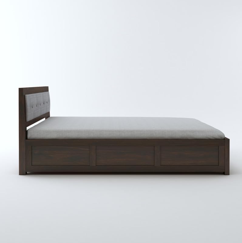 STRATA FURNITURE Sheesham Wood King Size Bed with Hydraulic Storage and Cushion Headboard for Living Room Bedroom Home Wooden Double Bed Cot Palang Furniture (Walnut Finish)