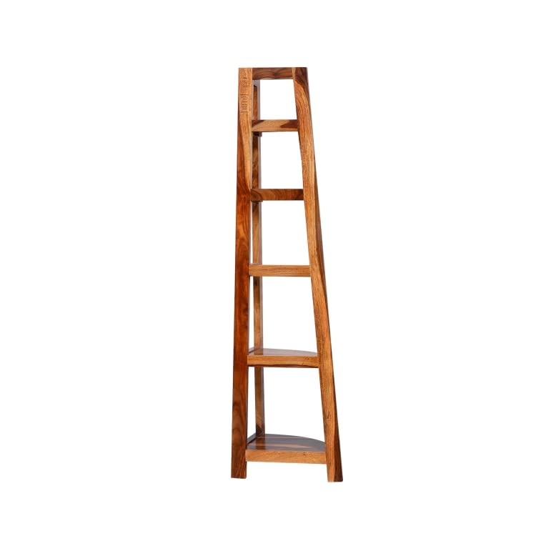 STRATA FURNITURE Solid Sheesham Wood 5 Tier Ladder Corner Shelf for Home and Living Room Decorative Wooden Display Rack (Brown)
