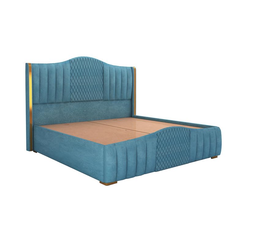 STRATA FURNITUR Sheesham Wood Queen Size Platfrom Bed with Box Storage and Upholstered Headboard | Stylish Wooden Double Bed Cot Palang Furniture for Bedroom, Hotels, Living Room, and Home (Blue)