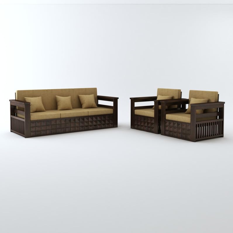 STRATA FURNITURE Sheesham Wood 5 Seater Sofa Set for Living Room Home Office Solid Wooden 3+1+1 Seater Sofa Set Furniture (Walnut Finish)