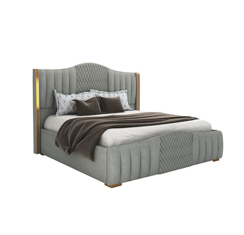 STRATA FURNITUR Sheesham Wood Queen Size Platfrom Bed with Box Storage and Upholstered Headboard | Stylish Wooden Double Bed Cot Palang Furniture for Bedroom, Hotels, Living Room, and Home (Grey)