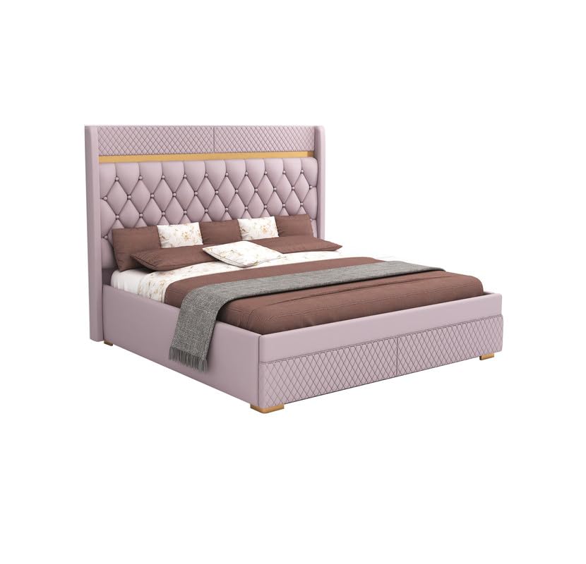 STRATA FURNITUR Sheesham Wood Queen Size Bed with Box Storage and Upholstery Tufted Headboard | Modern Wooden Double Bed Cot Palang Furniture for Bedroom, Hotels, Living Room, Home (Light Purple)