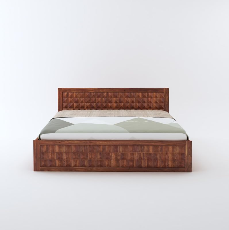 STRATA FURNITURE Sheesham Wood Diamond King Size Bed with Box Storage and Headboard for Bedroom Living Room Home Wooden Double Bed Cot Palang Furniture (Honey Finish)