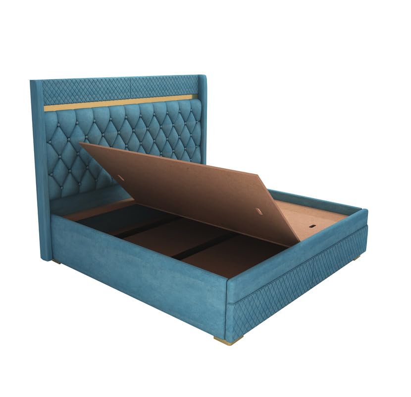 STRATA FURNITUR Sheesham Wood Queen Size Bed with Box Storage and Upholstery Tufted Headboard | Modern Wooden Double Bed Cot Palang Furniture for Bedroom, Hotels, Living Room, and Home (Blue)