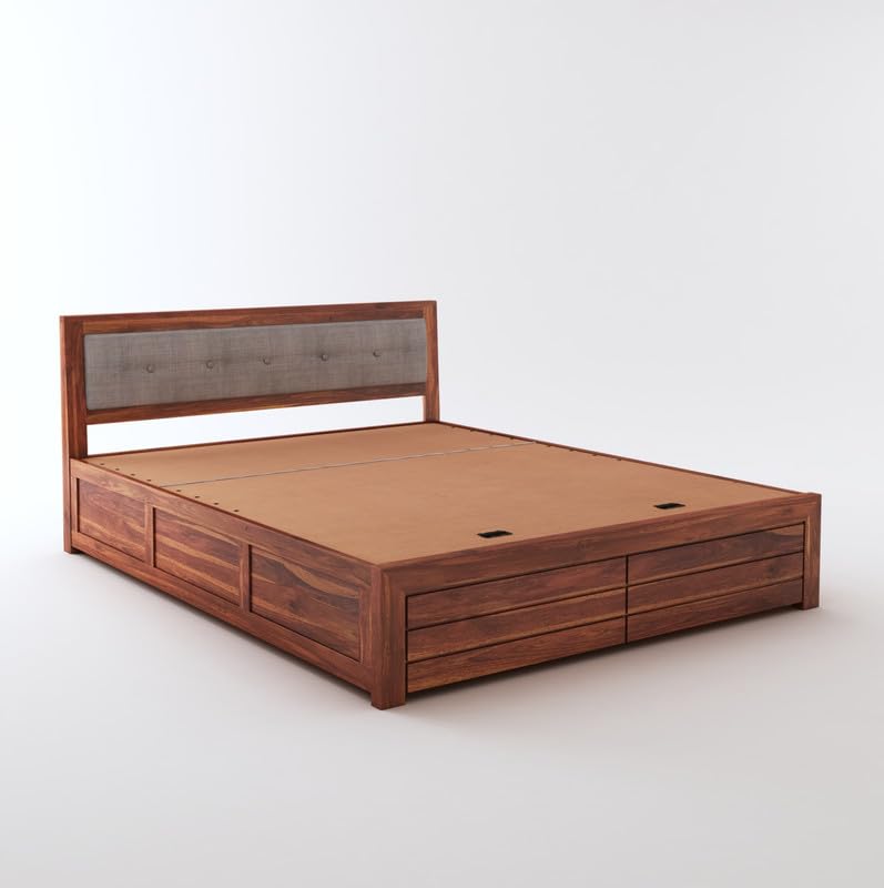 STRATA FURNITURE Sheesham Wood Queen Size Bed with Hydraulic Storage and Cushion Headboard Wooden Double Bed Cot Palang for Living Room Bedroom Home (Honey Finish)