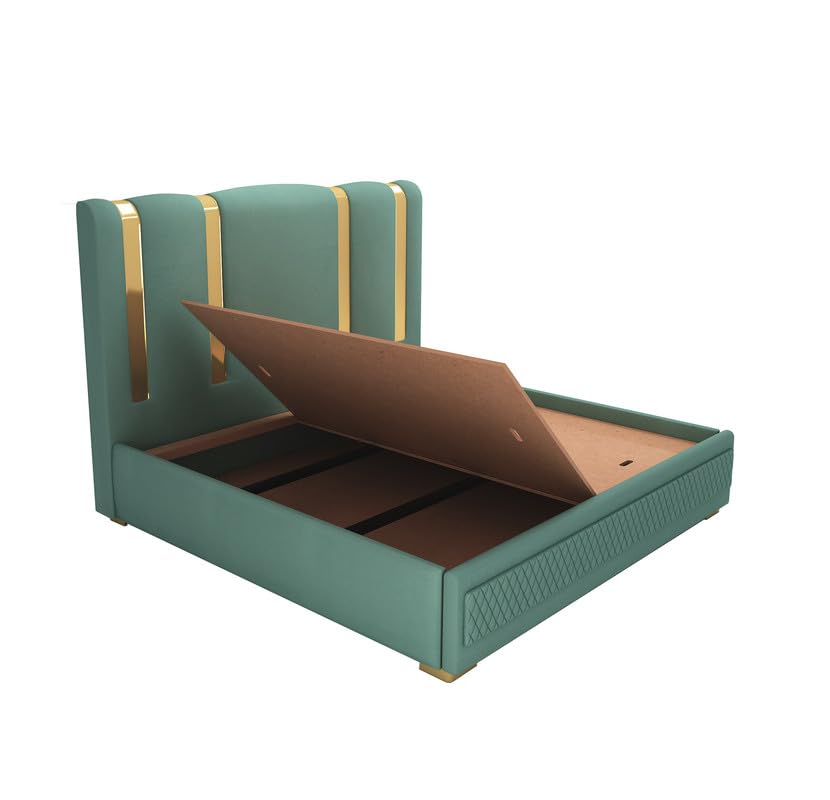 STRATA FURNITUR Sheesham Wood Queen Size Platfrom Bed with Box Storage and Upholstered Headboard | Modern Wooden Double Bed Cot Palang Furniture for Bedroom, Hotels, Living Room, and Home (Greendust)