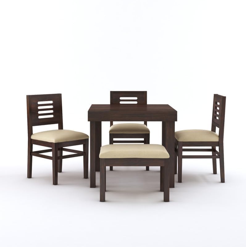 STRATA FURNITURE Solid Sheesham Wood 4 Seater Dining Table Set with Cushioned Chairs - 3 Chairs,1 Bench and 1 Table Dining Set For Dining Room Living Room Home Office Hotels Restaurant (Walnut Finish)