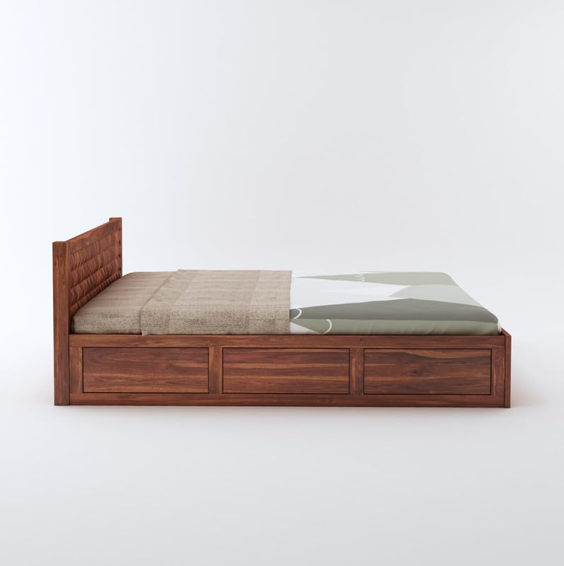 STRATA FURNITURE Sheesham Wood Diamond King Size Bed with Box Storage and Headboard for Bedroom Living Room Home Wooden Double Bed Cot Palang Furniture (Honey Finish)