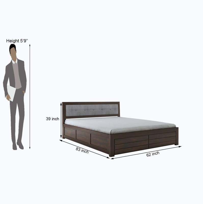 STRATA FURNITURE Sheesham Wood Queen Size Bed with Hydraulic Storage and Cushion Headboard for Living Room Bedroom Home Wooden Double Bed Cot Palang Furniture (Walnut Finish)