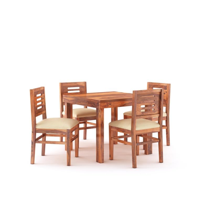 STRATA FURNITURE Solid Sheesham Wood 4 Seater Dining Table Set with Cushioned Chairs - 4 Chairs and 1 Table Dining Set for Dining Room Living Room Home Office Hotels Restaurant (Honey Finish)