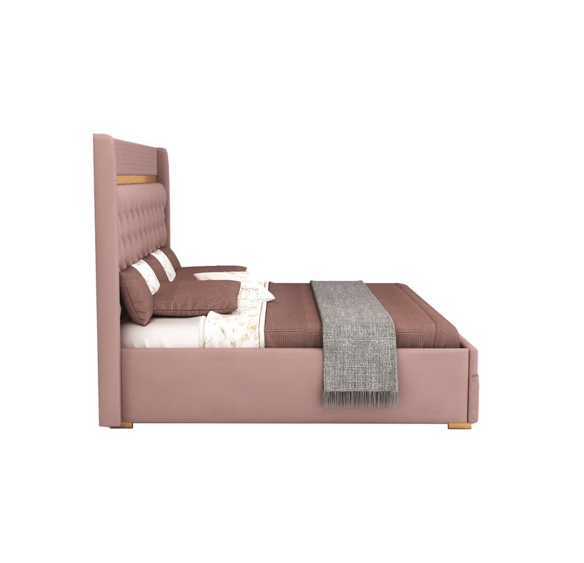 STRATA FURNITUR Sheesham Wood Queen Size Bed with Box Storage and Upholstery Tufted Headboard | Modern Wooden Double Bed Cot Palang Furniture for Bedroom, Hotel, Living Room, and Home (Onion Pink)
