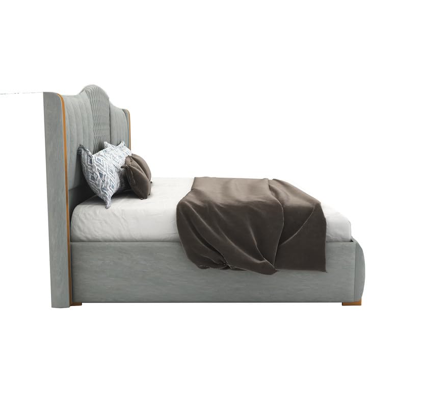 STRATA FURNITUR Sheesham Wood Queen Size Platfrom Bed with Box Storage and Upholstered Headboard | Stylish Wooden Double Bed Cot Palang Furniture for Bedroom, Hotels, Living Room, and Home (Grey)