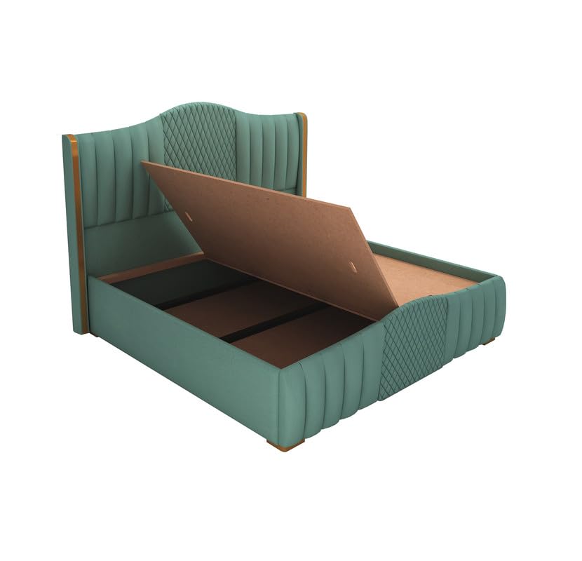 STRATA FURNITUR Sheesham Wood Queen Size Platfrom Bed with Box Storage and Upholstered Headboard | Stylish Wooden Double Bed Cot Palang Furniture for Bedroom, Hotel, Living Room, and Home (Greendust)