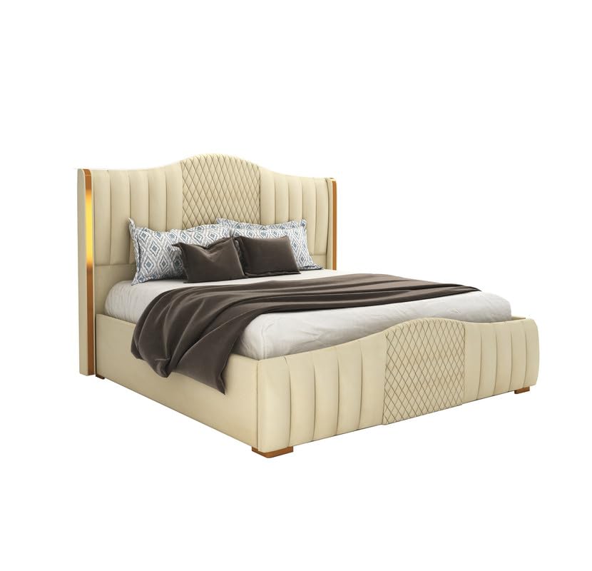 STRATA FURNITUR Sheesham Wood Queen Size Platfrom Bed with Box Storage and Upholstered Headboard | Stylish Wooden Double Bed Cot Palang Furniture for Bedroom, Hotels, Living Room, and Home (Beige)