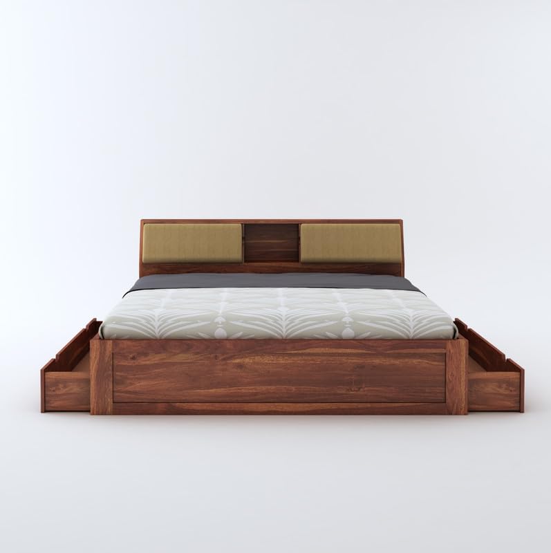 STRATA FURNITURE Sheesham Wood King Size Bed with Drawer and Headboard Storage for Bedroom Living Room Home Wooden Double Bed Cot Palang Furniture (Honey Finish)