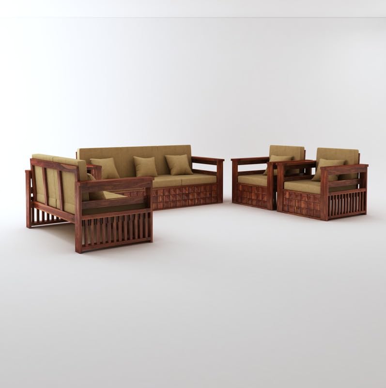 STRATA FURNITURE Sheesham Wood 7 Seater Sofa Set for Living Room Home Office Solid Wooden 3+2+1+1 Seater Sofa Set Furniture (Honey Finish)