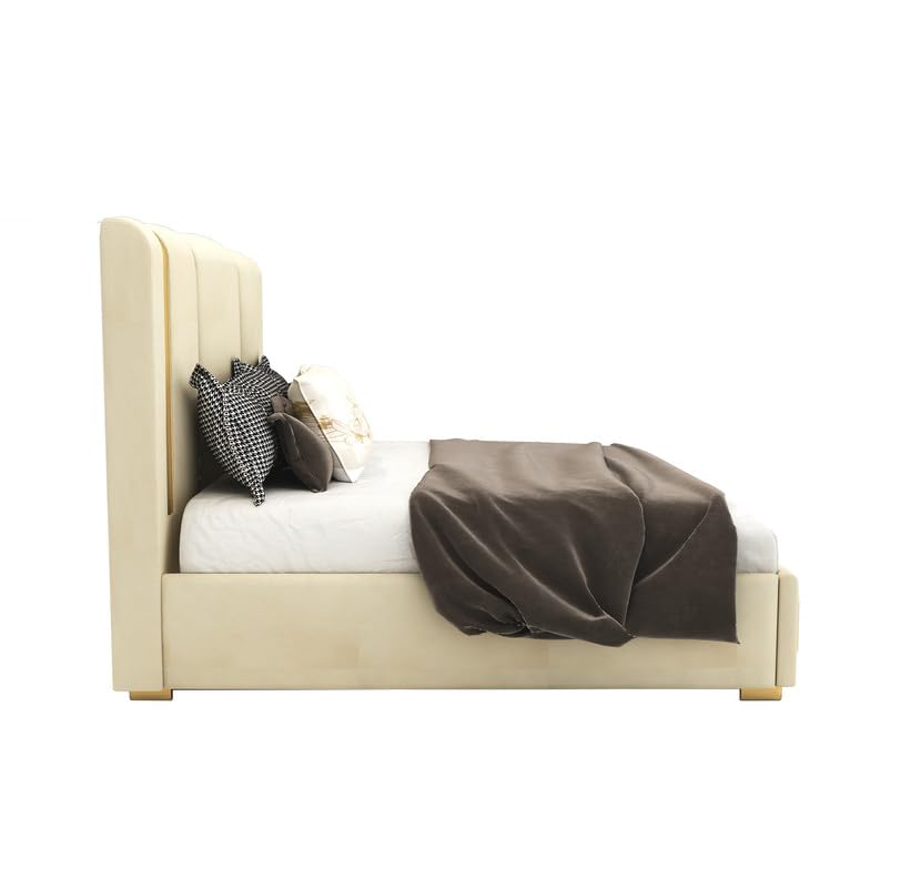 STRATA FURNITUR Sheesham Wood Queen Size Platfrom Bed with Box Storage and Upholstered Headboard | Modern Wooden Double Bed Cot Palang Furniture for Bedroom, Hotels, Living Room, and Home (Beige)