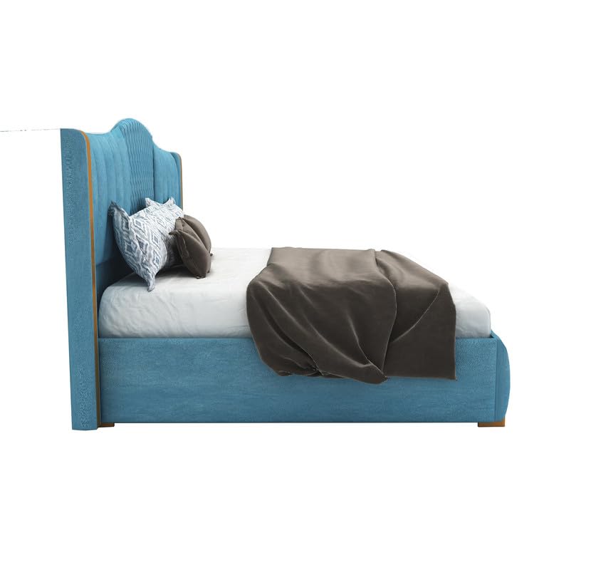 STRATA FURNITUR Sheesham Wood Queen Size Platfrom Bed with Box Storage and Upholstered Headboard | Stylish Wooden Double Bed Cot Palang Furniture for Bedroom, Hotels, Living Room, and Home (Blue)