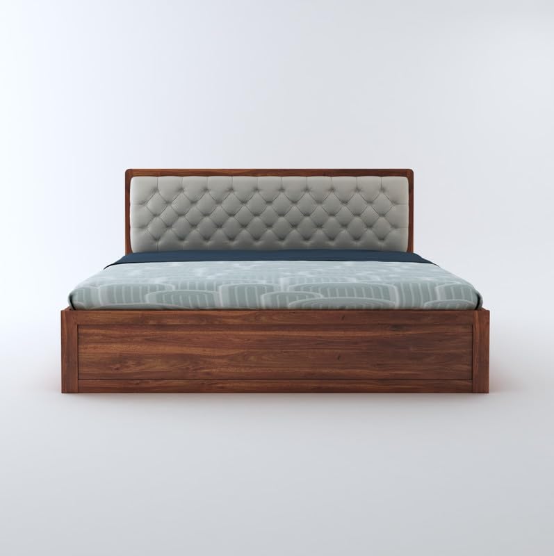 STRATA FURNITURE Sheesham Wood Queen Size Bed with Hydraulic and Cushion Headboard Storage for Living Room Home Bedroom Wooden Double Bed Cot Palang Furniture (Honey Finish)