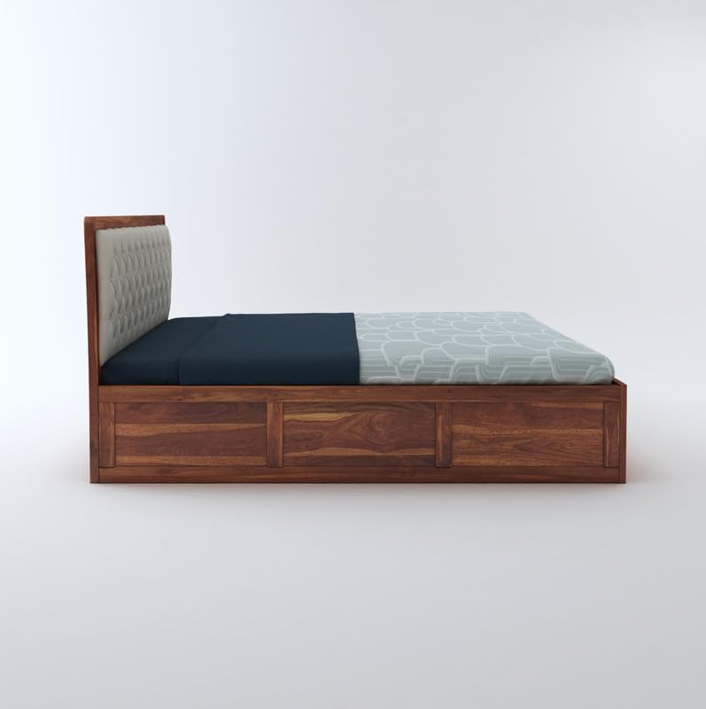 STRATA FURNITURE Sheesham Wood Queen Size Bed with Hydraulic and Cushion Headboard Storage for Living Room Home Bedroom Wooden Double Bed Cot Palang Furniture (Honey Finish)
