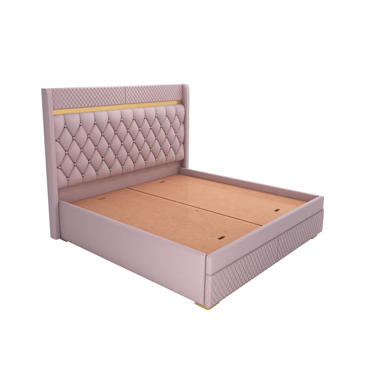 STRATA FURNITUR Sheesham Wood Queen Size Bed with Box Storage and Upholstery Tufted Headboard | Modern Wooden Double Bed Cot Palang Furniture for Bedroom, Hotels, Living Room, Home (Light Purple)