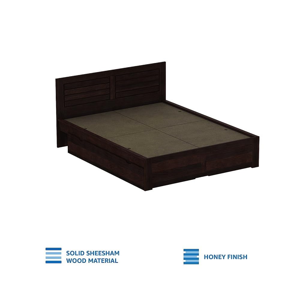 STRATA FURNITURE Sheesham Wood Queen Size Bed with Drawer Storage Wooden Double Bed Cot Bed Furniture for Bedroom Living Room Home (Walnut Finish)