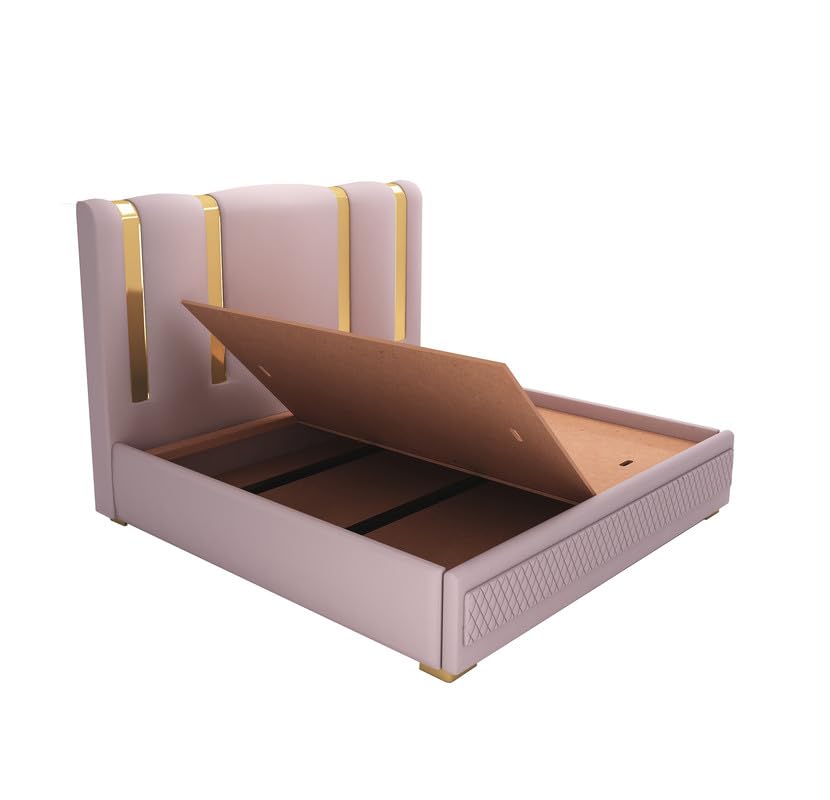 STRATA FURNITUR Sheesham Wood Queen Size Platfrom Bed with Box Storage and Upholstered Headboard | Modern Wooden Double Bed Cot Palang Furniture for Bedroom, Hotels, Living Room, Home (Light Purple)