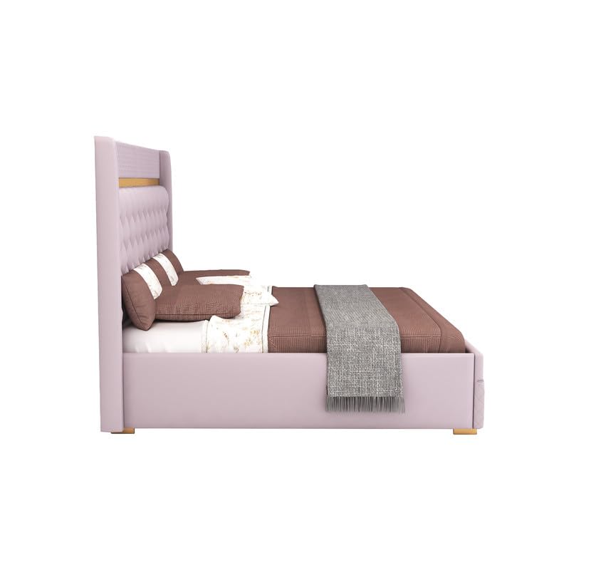 STRATA FURNITUR  Sheesham Wood Queen Size Bed with Hydraulic Box Storage and Upholstery Tufted Headboard | Wooden Double Bed Cot Palang Furniture for Bedroom, Hotels, Living Room, Home (Light Purple)