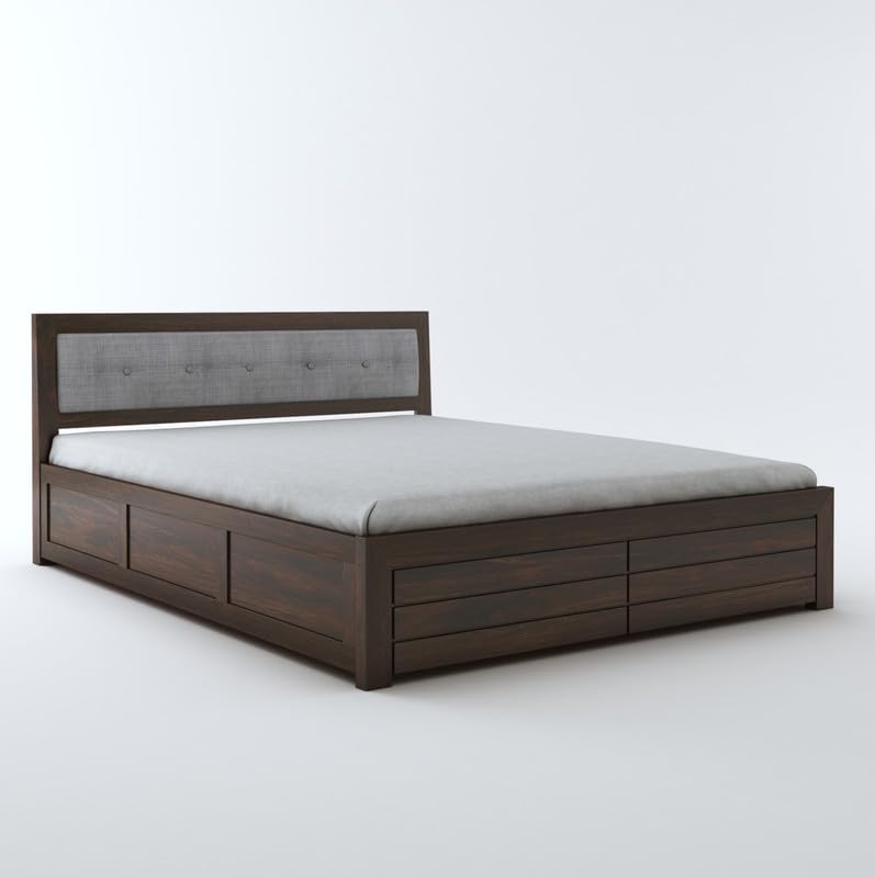 STRATA FURNITURE Sheesham Wood King Size Bed with Hydraulic Storage and Cushion Headboard for Living Room Bedroom Home Wooden Double Bed Cot Palang Furniture (Walnut Finish)
