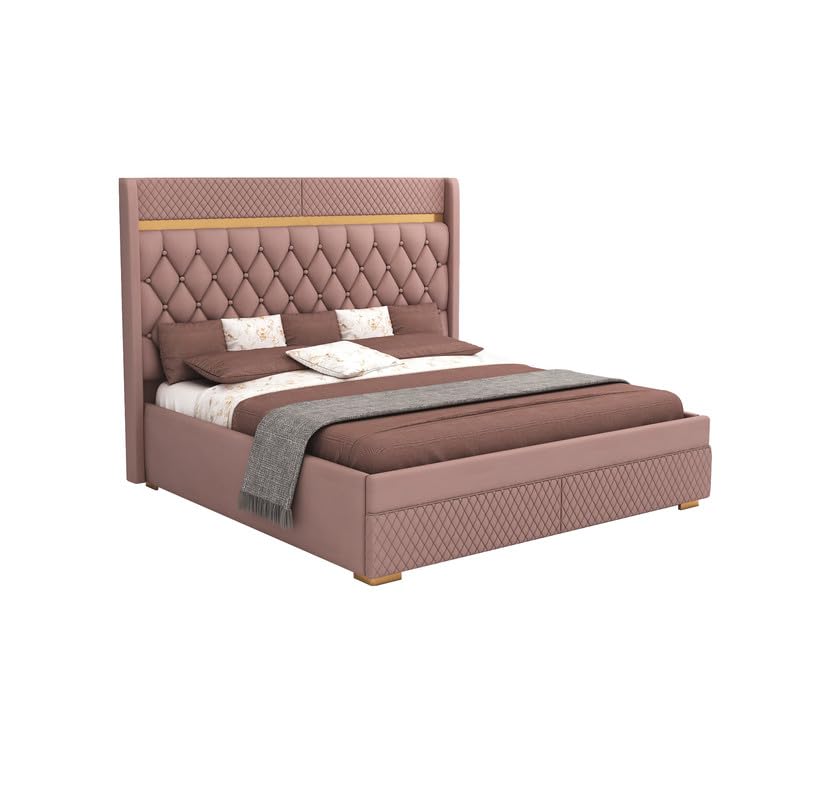 STRATA FURNITUR Sheesham Wood Queen Size Bed with Box Storage and Upholstery Tufted Headboard | Modern Wooden Double Bed Cot Palang Furniture for Bedroom, Hotel, Living Room, and Home (Onion Pink)