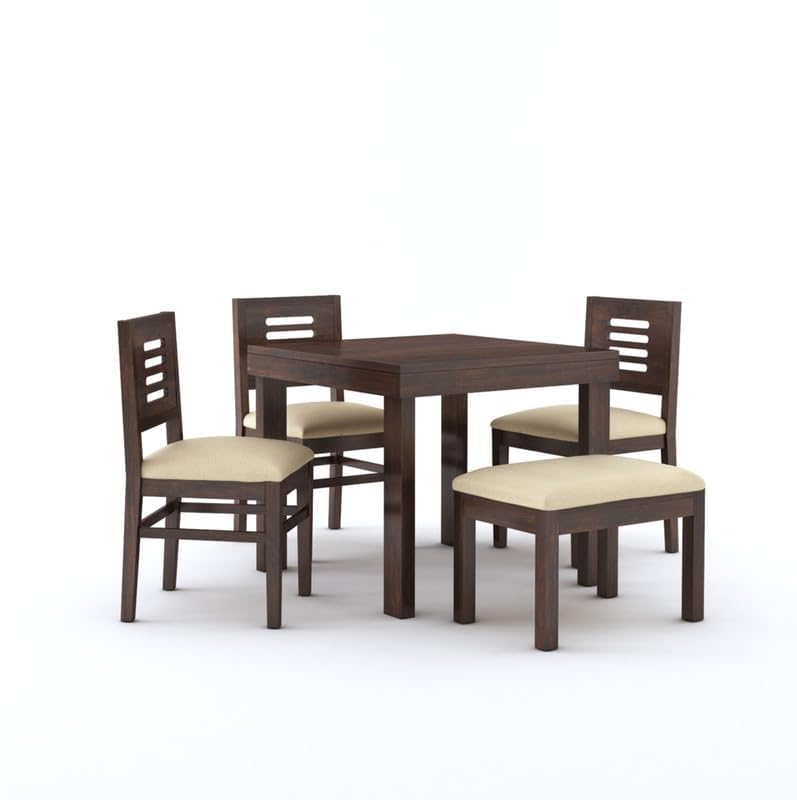 STRATA FURNITURE Solid Sheesham Wood 4 Seater Dining Table Set with Cushioned Chairs - 3 Chairs,1 Bench and 1 Table Dining Set For Dining Room Living Room Home Office Hotels Restaurant (Walnut Finish)