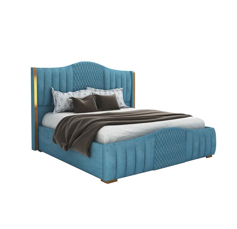 STRATA FURNITUR Sheesham Wood Queen Size Platfrom Bed with Box Storage and Upholstered Headboard | Stylish Wooden Double Bed Cot Palang Furniture for Bedroom, Hotels, Living Room, and Home (Blue)