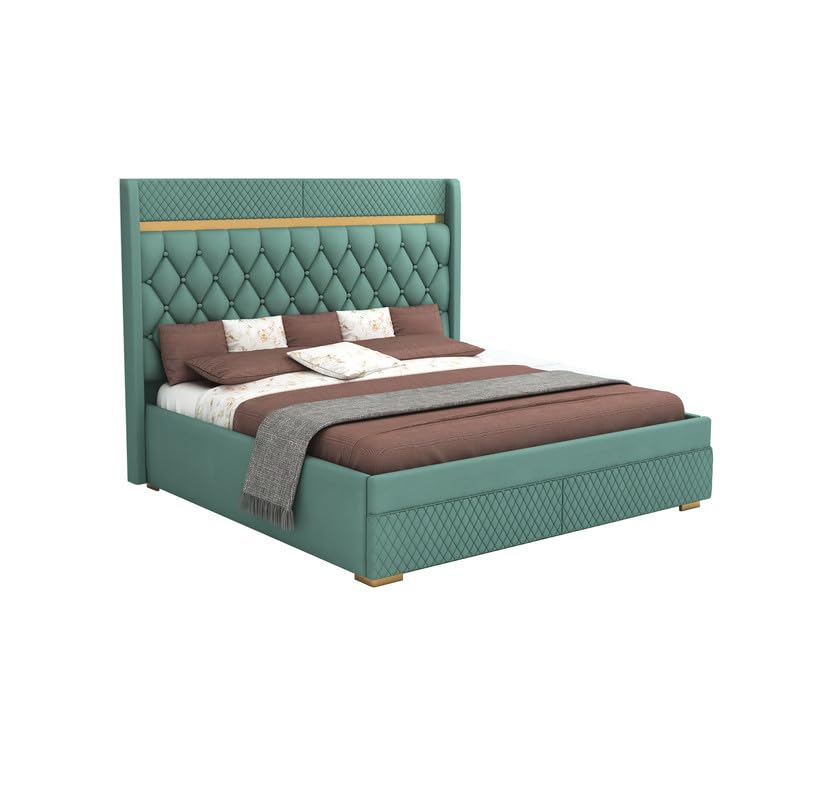 STRATA FURNITUR Sheesham Wood Queen Size Bed with Box Storage and Upholstery Tufted Headboard | Modern Wooden Double Bed Cot Palang Furniture for Bedroom, Hotels, Living Room, and Home (Greendust)