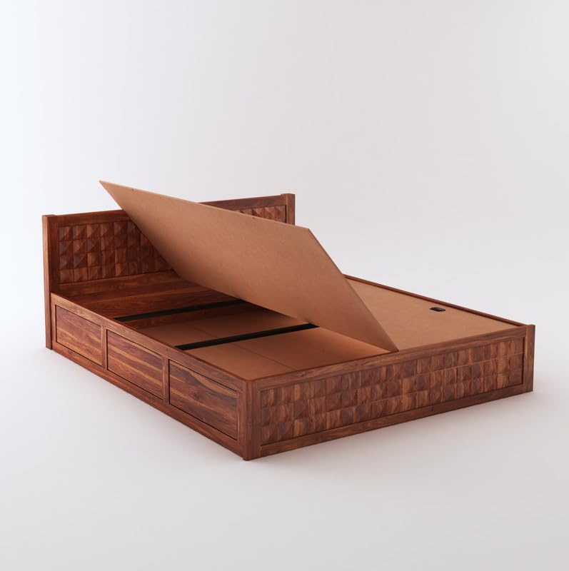STRATA FURNITURE Sheesham Wood Diamond King Size Bed with Box Storage and Headboard for Bedroom Living Room Home Wooden Double Bed Cot Palang Furniture (Honey Finish)
