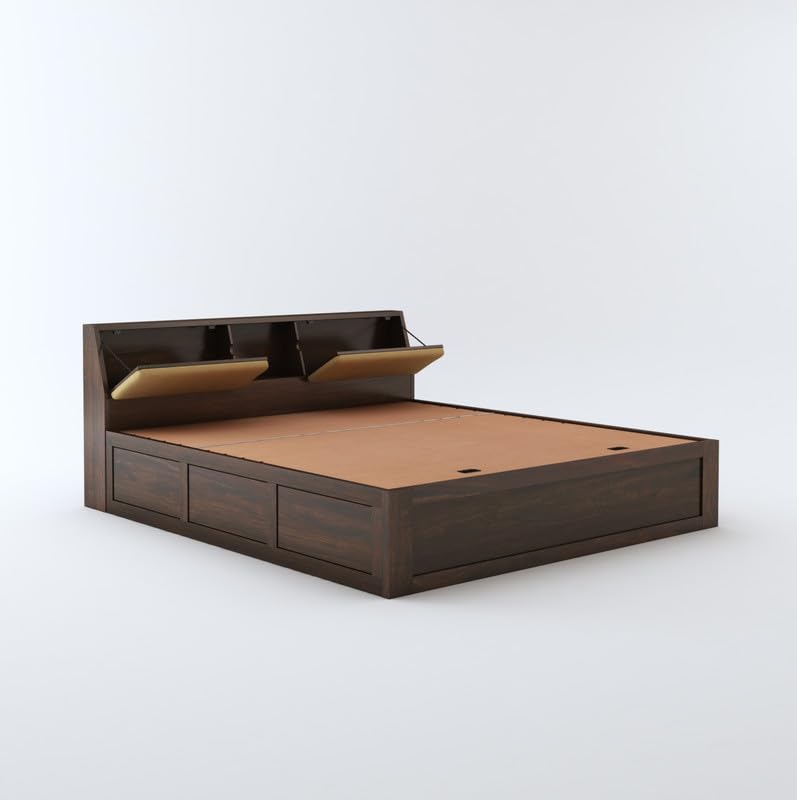 STRATA FURNITURE Sheesham Wood Queen Size Bed with Hydraulic and Headboard Storage for Living Room Home Bedroom Wooden Double Bed Cot Palang Furniture (Walnut Finish)