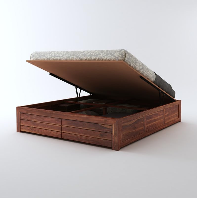 STRATA FURNITURE Sheesham Wood Queen Size Bed with Hydraulic Storage for Living Room Bedroom Home Wooden Double Bed Cot Palang Furniture (Honey Finish)