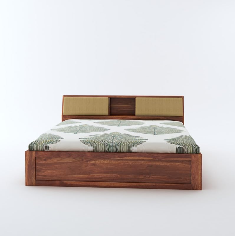 STRATA FURNITURE Sheesham Wood Queen Size Bed with Hydraulic and Headboard Storage for Living Room Home Bedroom Wooden Double Bed Cot Palang Furniture (Honey Finish)