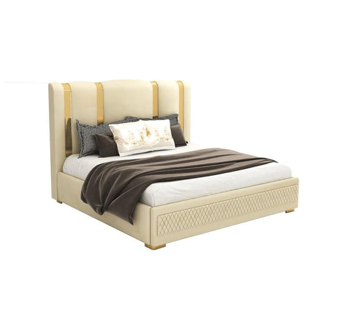 STRATA FURNITUR Sheesham Wood Queen Size Platfrom Bed with Box Storage and Upholstered Headboard | Modern Wooden Double Bed Cot Palang Furniture for Bedroom, Hotels, Living Room, and Home (Beige)