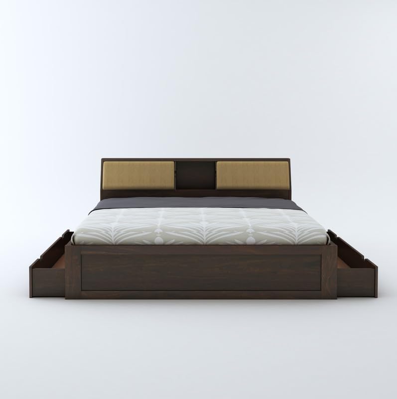STRATA FURNITURE Sheesham Wood King Size Bed with Drawer and Headboard Storage for Bedroom Living Room Home Wooden Double Bed Cot Palang Furniture (Walnut Finish)