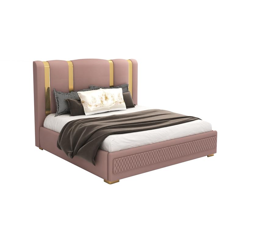 STRATA FURNITUR Sheesham Wood Queen Size Platfrom Bed with Box Storage and Upholstered Headboard | Modern Wooden Double Bed Cot Palang Furniture for Bedroom, Hotel, Living Room, and Home (Onion Pink)