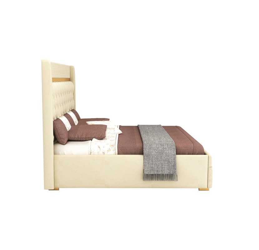 STRATA FURNITUR Sheesham Wood Queen Size Bed with Hydraulic Box Storage and Upholstery Tufted Headboard | Wooden Double Bed Cot Palang Furniture for Bedroom, Hotels, Living Room, and Home (Beige)