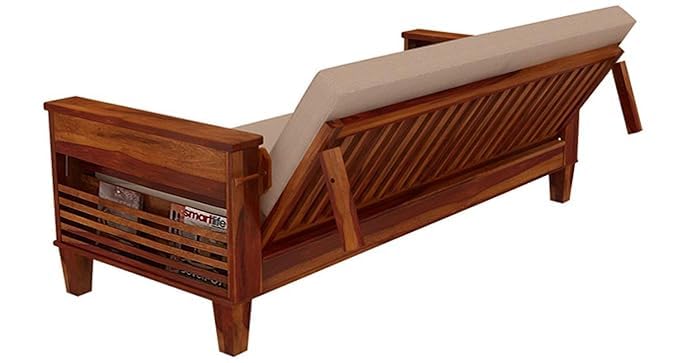 STRATA FURNITURE Sheesham Wood 3 Seater Sofa Set for Living Room Office Home Wooden Sofa Cum Bed with Side Magzine Newspaper Holder (Honey Finish)