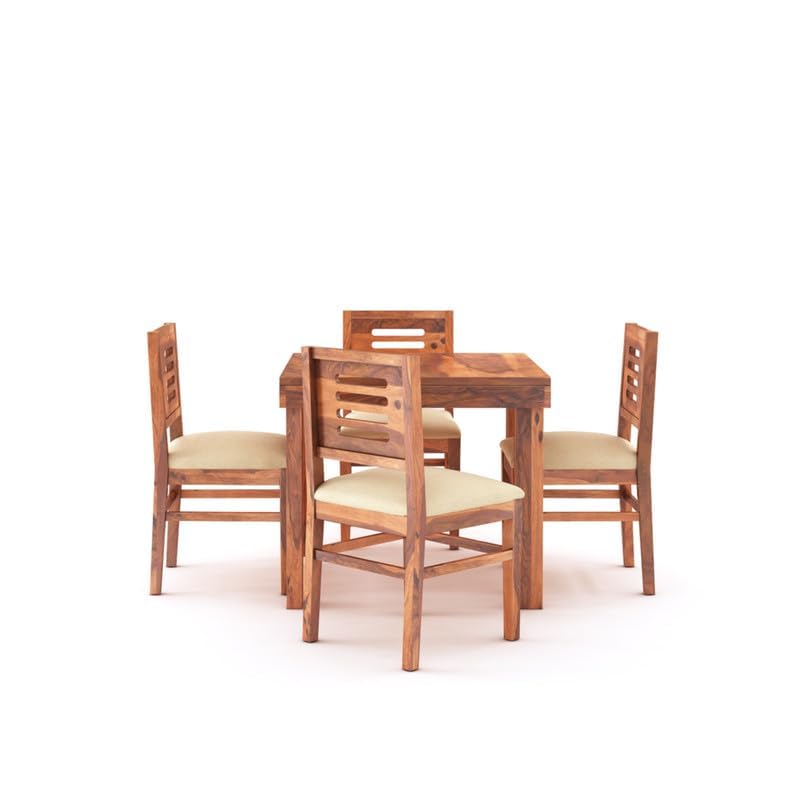STRATA FURNITURE Solid Sheesham Wood 4 Seater Dining Table Set with Cushioned Chairs - 4 Chairs and 1 Table Dining Set for Dining Room Living Room Home Office Hotels Restaurant (Honey Finish)