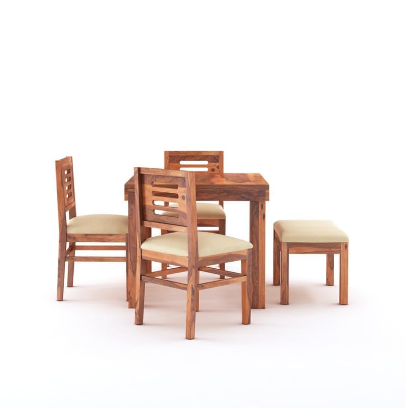 STRATA FURNITURE Solid Sheesham Wood 4 Seater Dining Table Set with Cushioned Chairs - 3 Chairs, 1 Bench and 1 Table Dining Set For Dining Room Living Room Home Office Hotels Restaurant (Honey Finish)