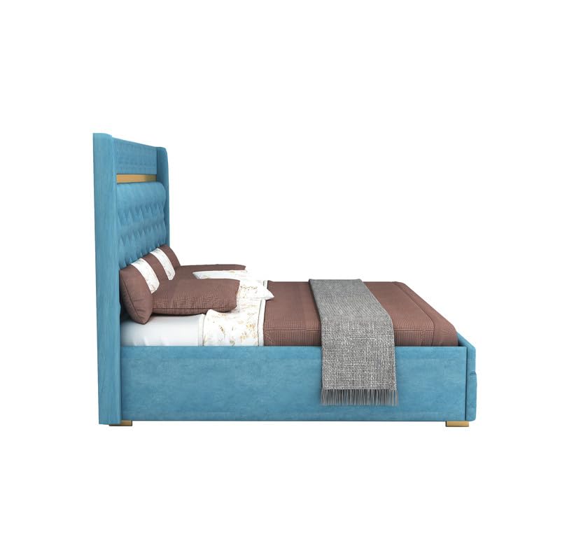 STRATA FURNITUR Sheesham Wood Queen Size Bed with Hydraulic Box Storage and Upholstery Tufted Headboard | Wooden Double Bed Cot Palang Furniture for Bedroom, Hotels, Living Room, and Home (Blue)