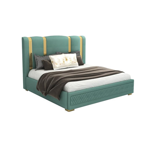 STRATA FURNITUR Sheesham Wood Queen Size Platfrom Bed with Box Storage and Upholstered Headboard | Modern Wooden Double Bed Cot Palang Furniture for Bedroom, Hotels, Living Room, and Home (Greendust)