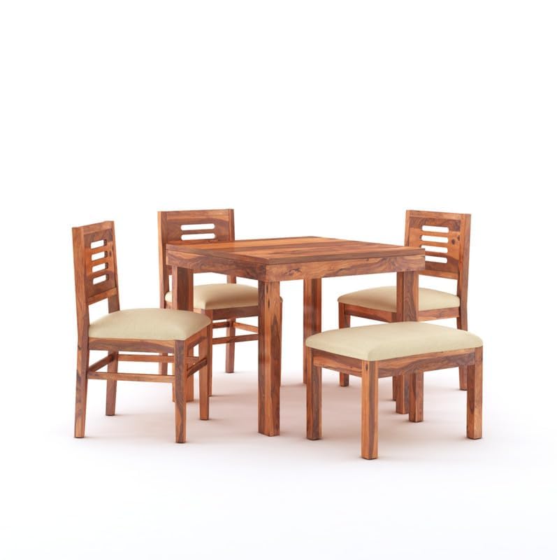 STRATA FURNITURE Solid Sheesham Wood 4 Seater Dining Table Set with Cushioned Chairs - 3 Chairs, 1 Bench and 1 Table Dining Set For Dining Room Living Room Home Office Hotels Restaurant (Honey Finish)