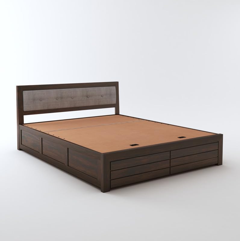 STRATA FURNITURE Sheesham Wood Queen Size Bed with Hydraulic Storage and Cushion Headboard for Living Room Bedroom Home Wooden Double Bed Cot Palang Furniture (Walnut Finish)