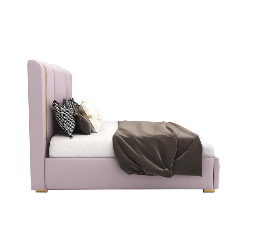 STRATA FURNITUR Sheesham Wood Queen Size Platfrom Bed with Box Storage and Upholstered Headboard | Modern Wooden Double Bed Cot Palang Furniture for Bedroom, Hotels, Living Room, Home (Light Purple)